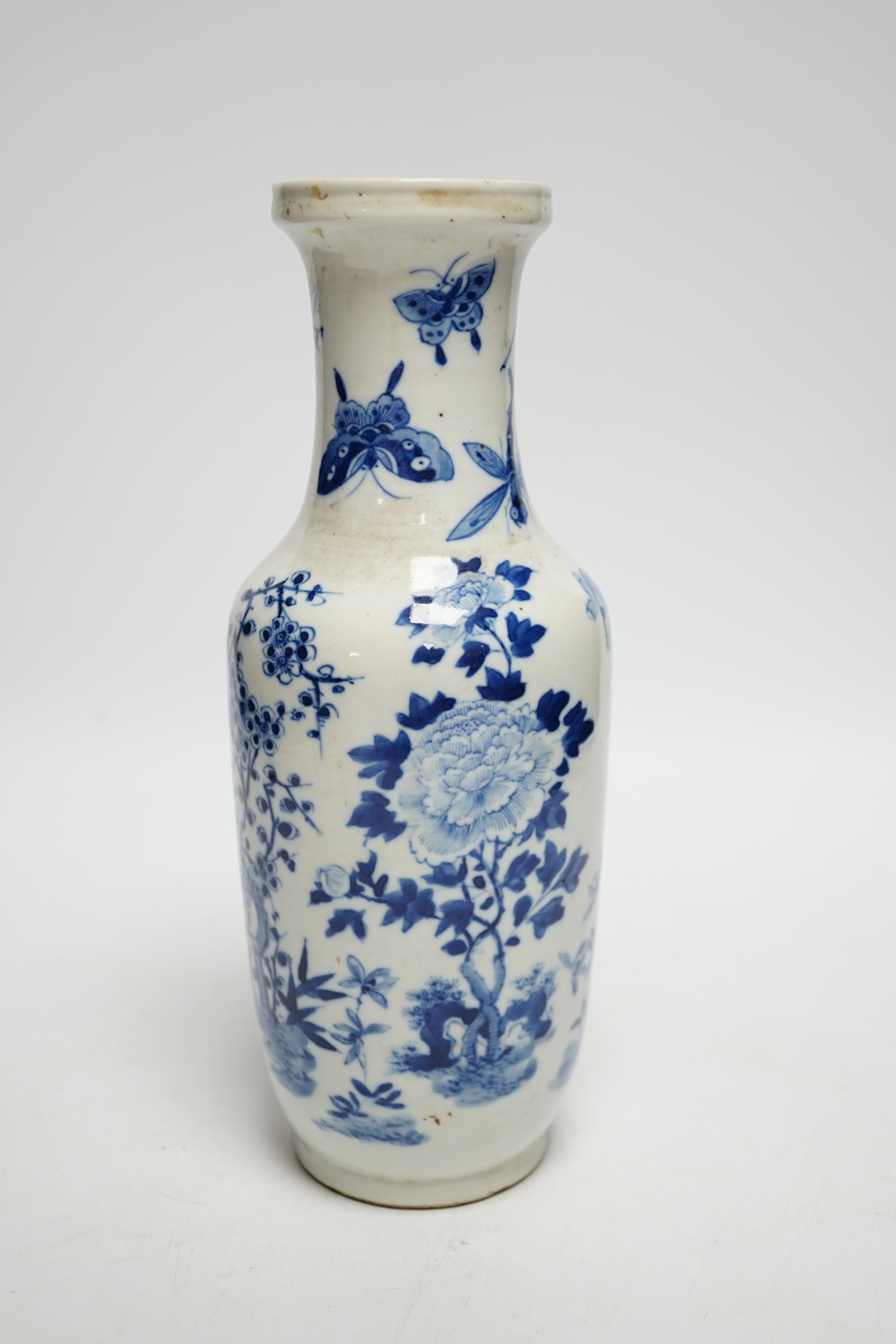 A late 19th century Chinese blue and white vase decorated with flowers and bugs, 25cm high
